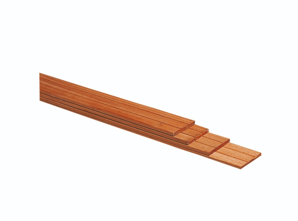 Hardhouten geschaafde plank, met V-groeven, 1,5 x 14,5 x 245 cm.
