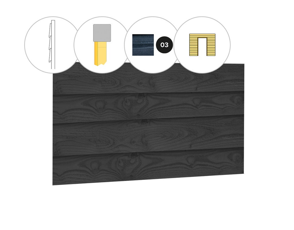 Zweeds rabat douglas enkelzijdige wand E, t.b.v. enkele deur, 371 x 224 cm, zwart geïmpregneerd.