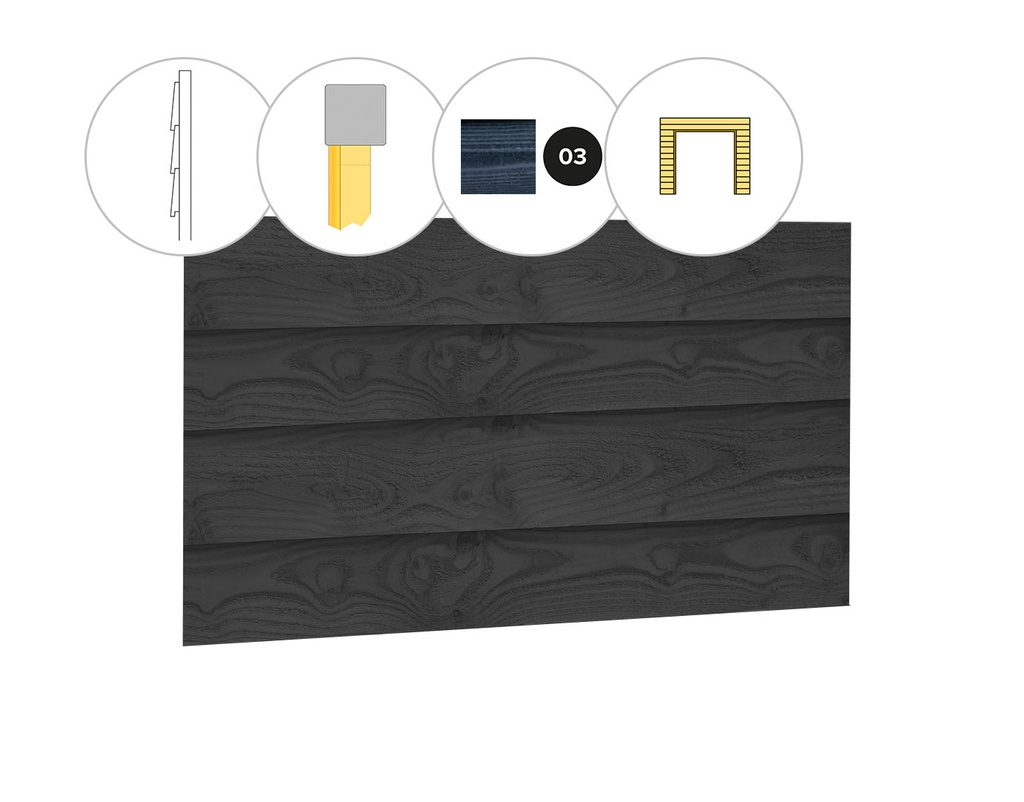 Zweeds rabat douglas enkelzijdige wand E, t.b.v. dubbele deur, 371 x 224 cm, zwart geïmpregneerd.