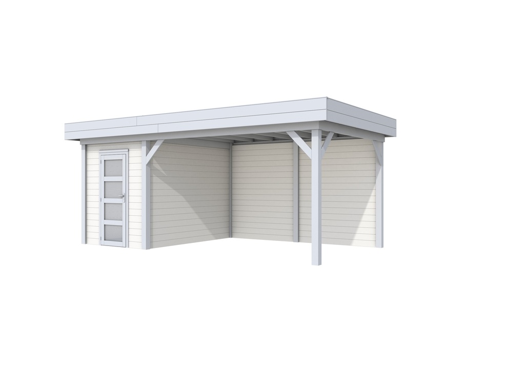 Vuren Topvision Kiekendief, 200 x 300 en luifel 400 cm, wanden wit en basis lichtgrijs.