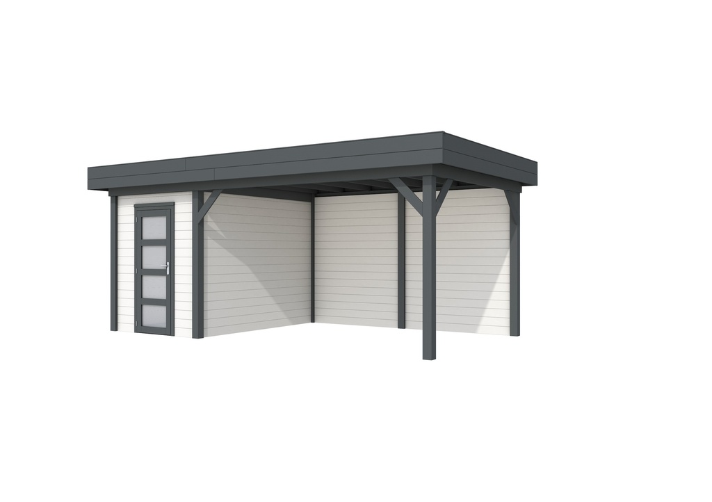 Vuren Topvision Kiekendief, 200 x 300 en luifel 400 cm, wanden wit en basis antraciet.