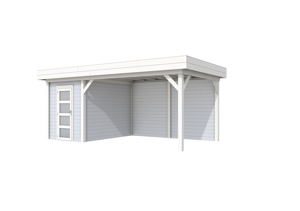 Vuren Topvision Kiekendief, 200 x 300 en luifel 400 cm, wanden lichtgrijs en basis wit.