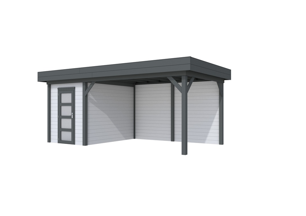 Vuren Topvision Kiekendief, 200 x 300 en luifel 400 cm, wanden lichtgrijs en basis antraciet.