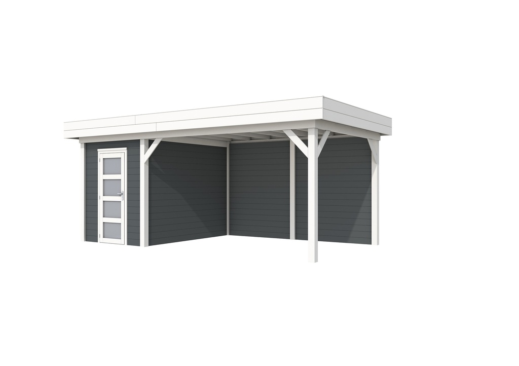 Vuren Topvision Kiekendief, 200 x 300 en luifel 400 cm, wanden antraciet en basis wit.