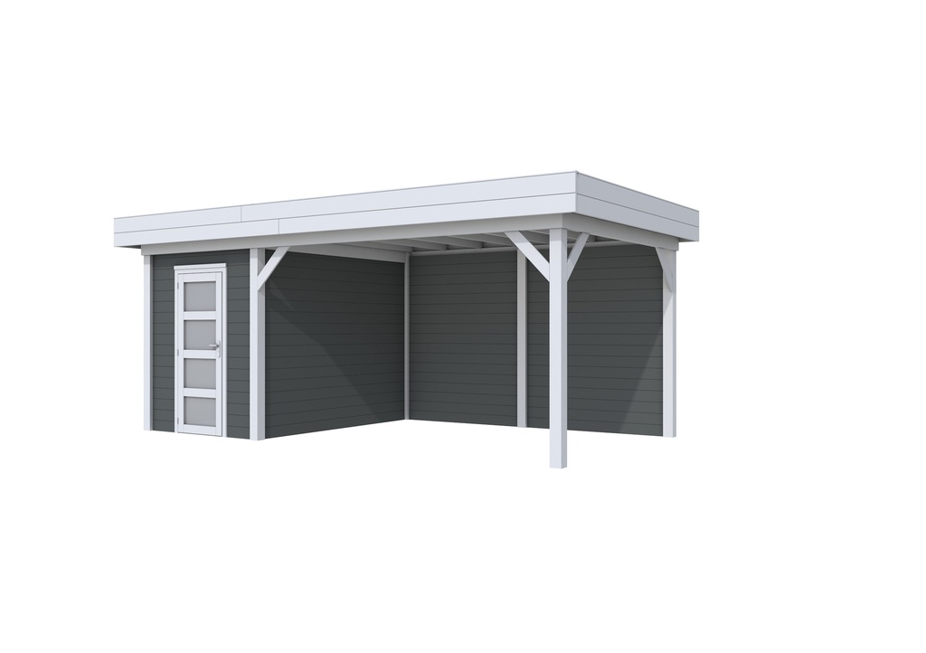 Vuren Topvision Kiekendief, 200 x 300 en luifel 400 cm, wanden antraciet en basis lichtgrijs.