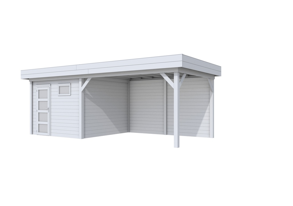 Vuren Topvision Tapuit, 300 x 300 en luifel 400 cm, lichtgrijs gespoten.