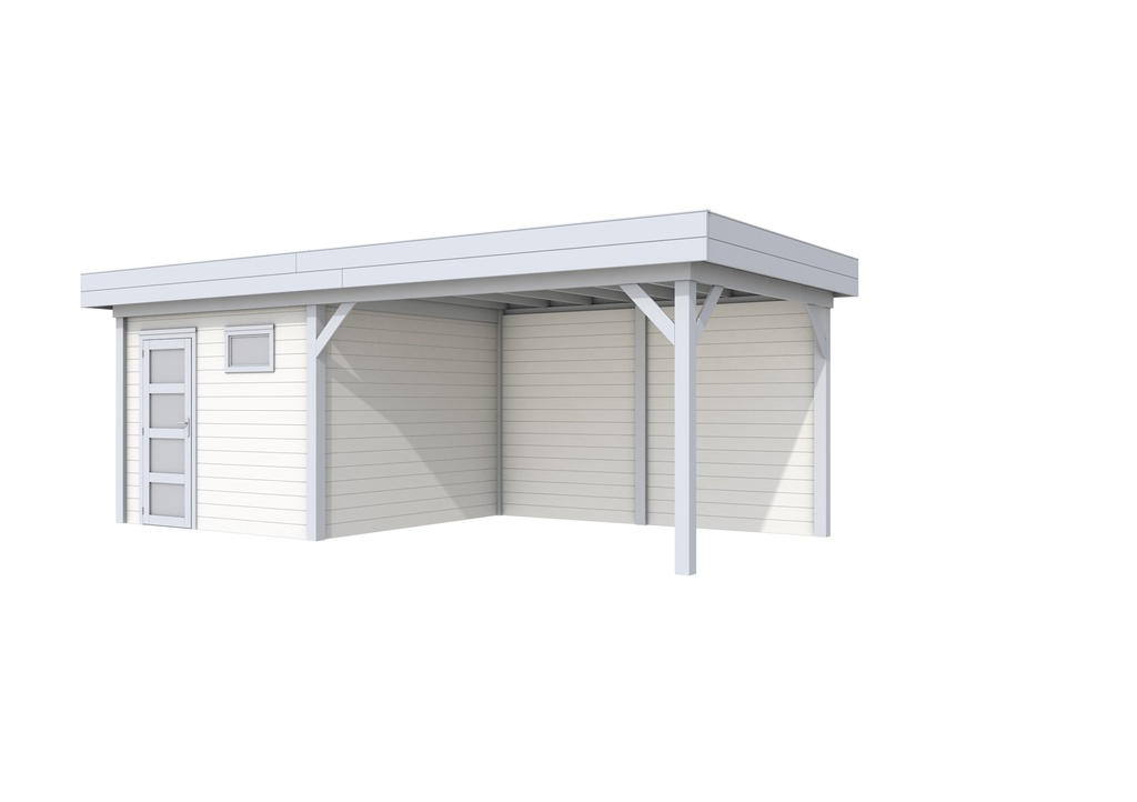 Vuren Topvision Tapuit, 300 x 300 en luifel 400 cm, wanden wit en basis lichtgrijs.