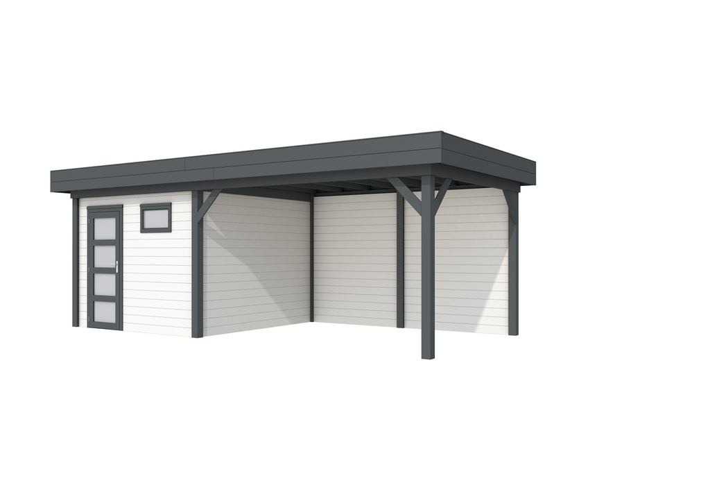 Vuren Topvision Tapuit, 300 x 300 en luifel 400 cm, wanden wit en basis antraciet.