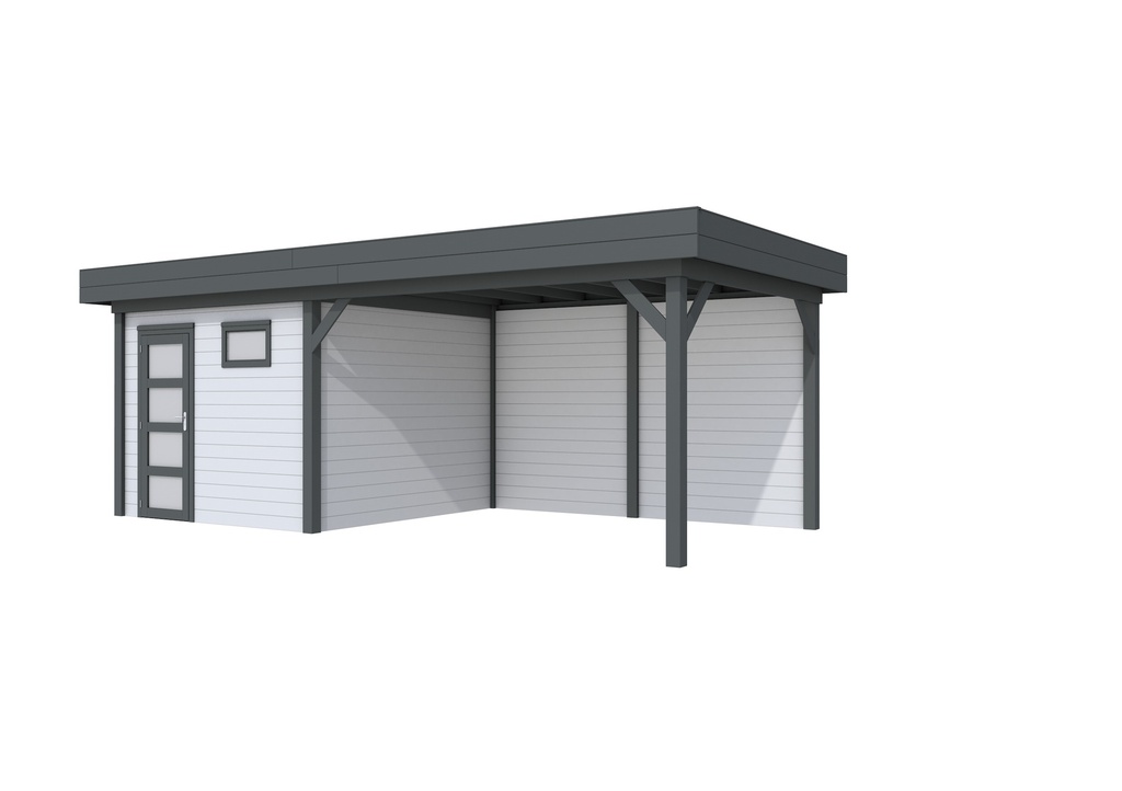 Vuren Topvision Tapuit, 300 x 300 en luifel 400 cm, wanden lichtgrijs en basis antraciet.