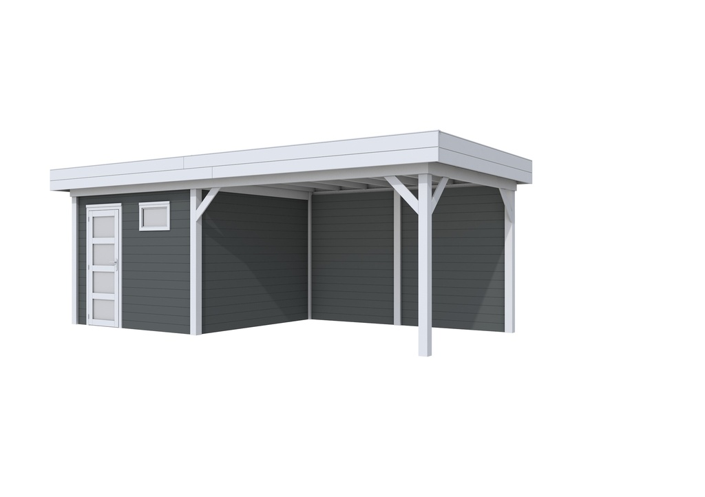 Vuren Topvision Tapuit, 300 x 300 en luifel 400 cm, wanden antraciet en basis lichtgrijs.