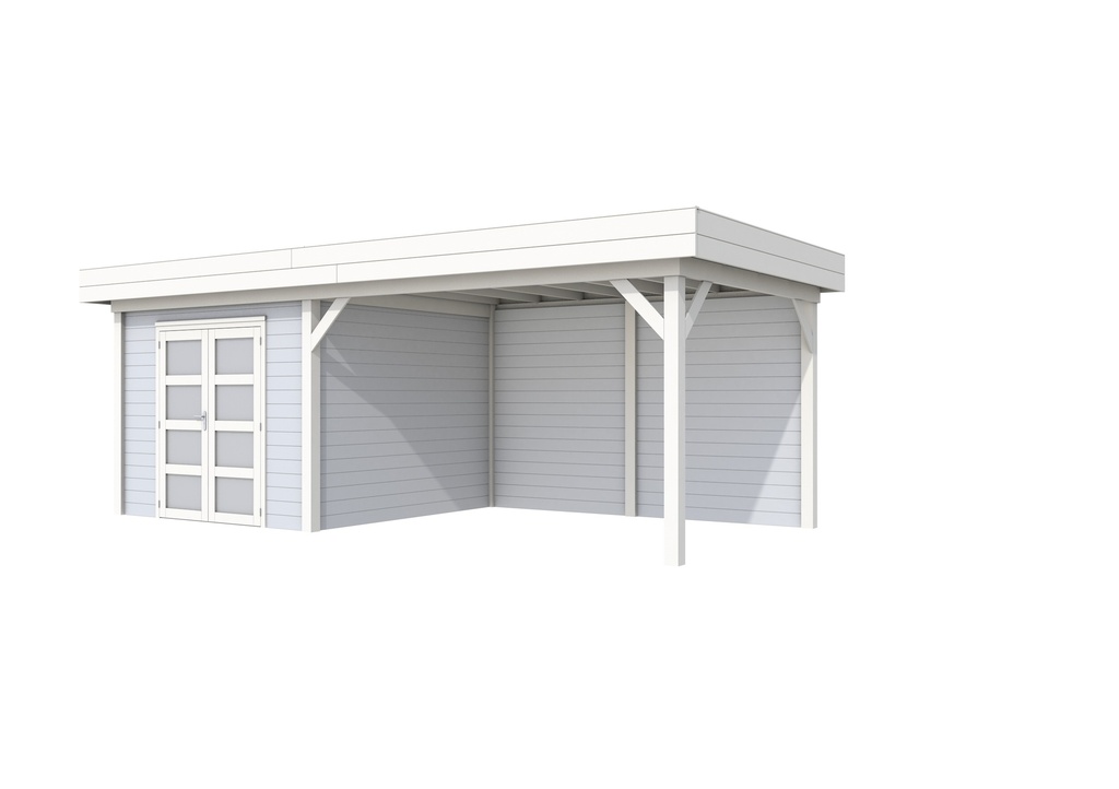 Vuren Topvision Bosuil, 300 x 300 en luifel 400 cm, wanden wit en basis lichtgrijs.