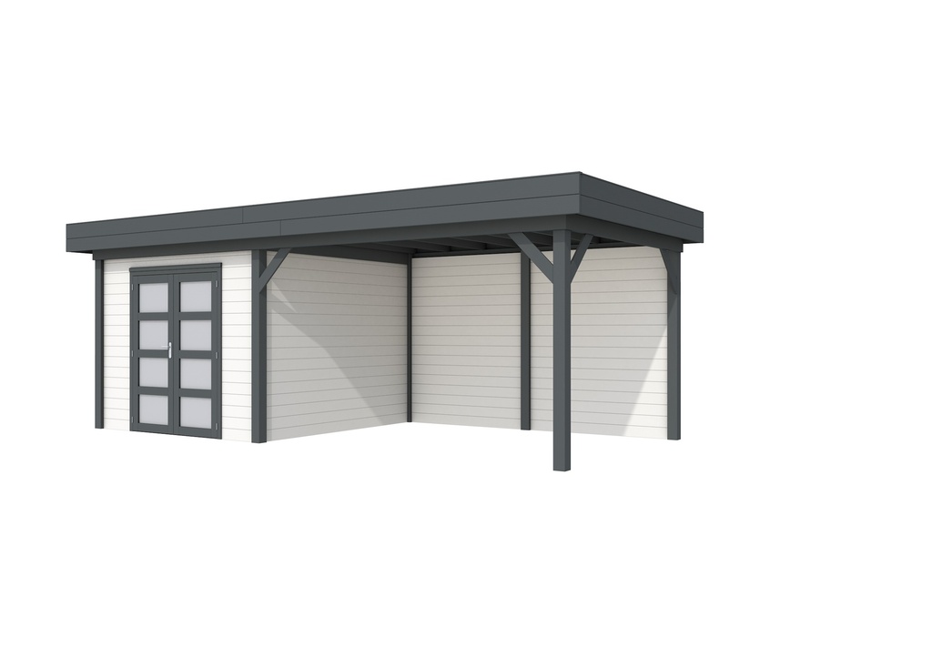 Vuren Topvision Bosuil, 300 x 300 en luifel 400 cm, wanden wit en basis antraciet.