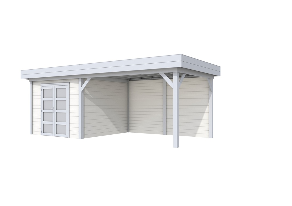 Vuren Topvision Bosuil, 300 x 300 en luifel 400 cm, wanden lichtgrijs en basis wit.