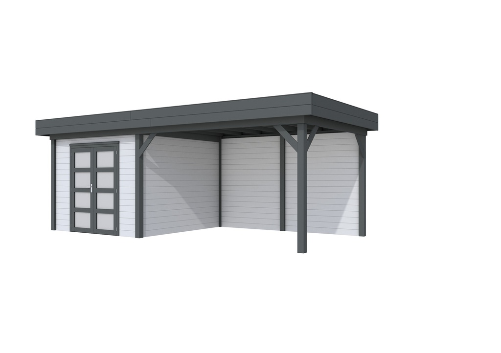 Vuren Topvision Bosuil, 300 x 300 en luifel 400 cm, wanden lichtgrijs en basis antraciet.
