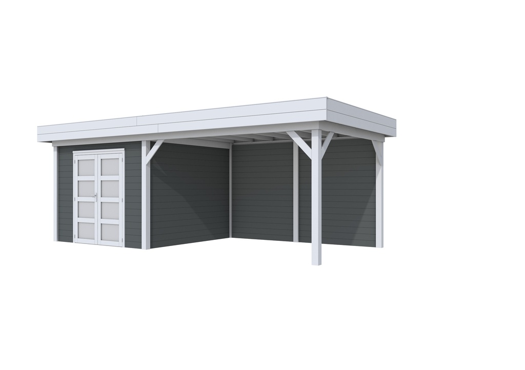 Vuren Topvision Bosuil, 300 x 300 en luifel 400 cm, wanden antraciet en basis lichtgrijs.