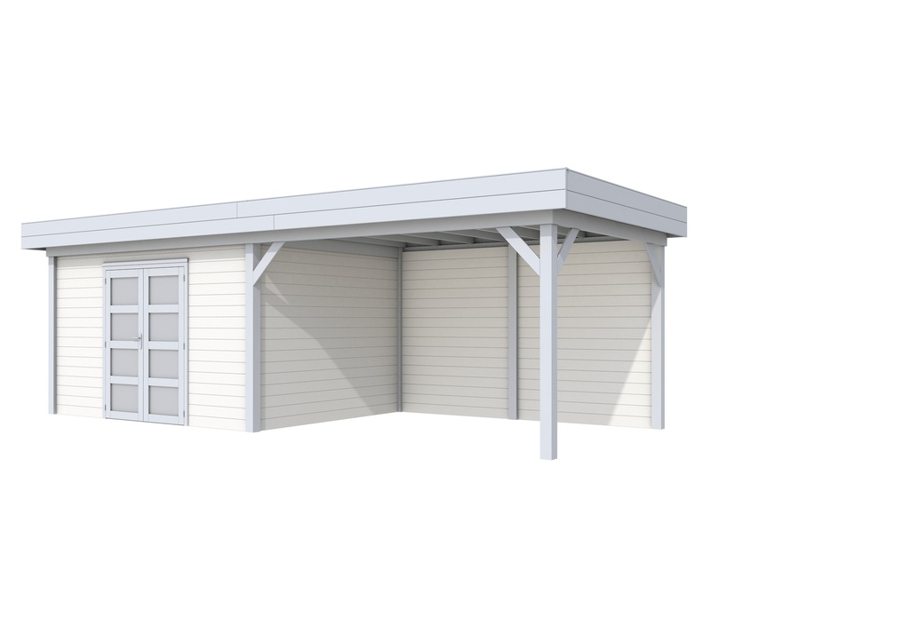 Vuren Topvision Parelhoen, 400 x 300 en luifel 400 cm, wanden wit en basis lichtgrijs.