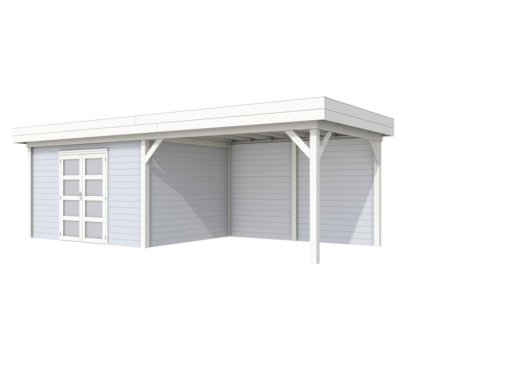 Vuren Topvision Parelhoen, 400 x 300 en luifel 400 cm, wanden lichtgrijs en basis wit.