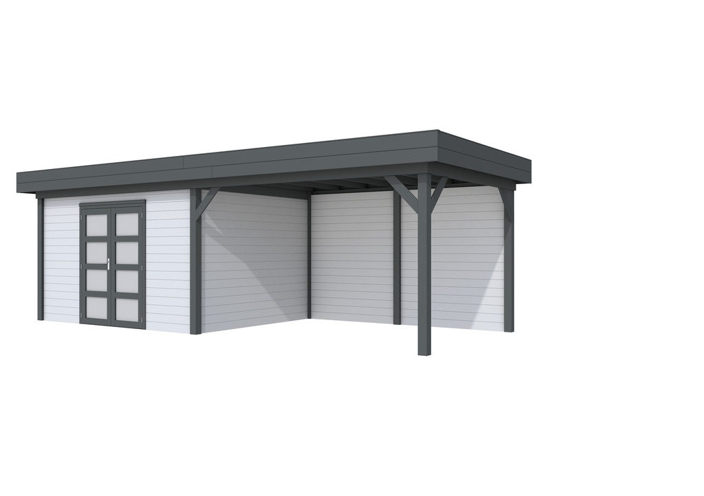 Vuren Topvision Parelhoen, 400 x 300 en luifel 400 cm, wanden lichtgrijs en basis antraciet.
