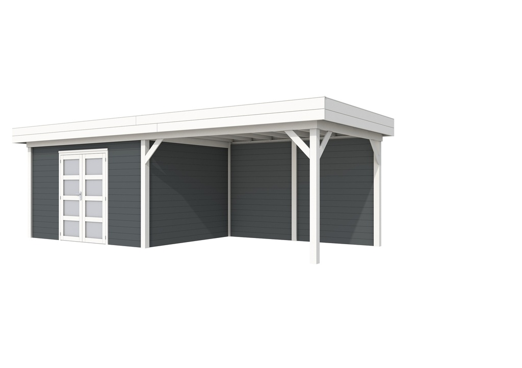 Vuren Topvision Parelhoen, 400 x 300 en luifel 400 cm, wanden antraciet en basis wit.