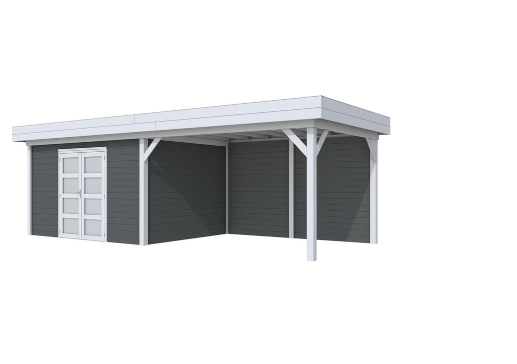 Vuren Topvision Parelhoen, 400 x 300 en luifel 400 cm, wanden antraciet en basis lichtgrijs.