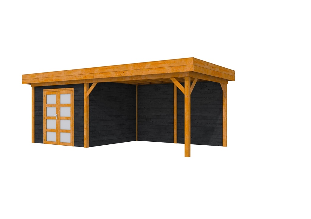 Douglas Topvision Roek, 298 x 298 en luifel 400 cm, wanden zwart geïmpregneerd en basis transparant gespoten.