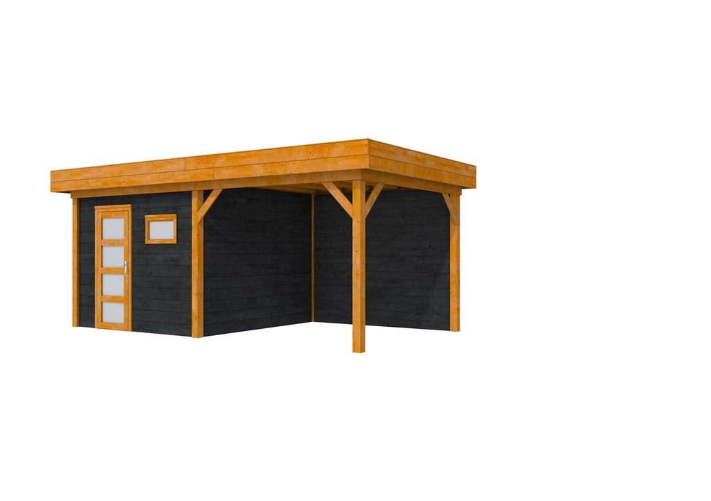 Douglas Topvision Raaf, 298 x 298 en luifel 300 cm, wanden zwart geïmpregneerd en basis transparant gespoten.