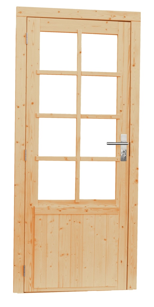 Vuren enkele 8-ruits deur inclusief kozijn, linksdraaiend, 90 x 201 cm, onbehandeld.