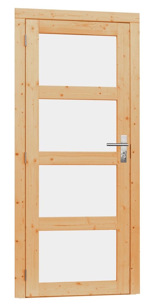 Vuren enkele 4-ruits deur inclusief kozijn, linksdraaiend, 90 x 201 cm, onbehandeld.