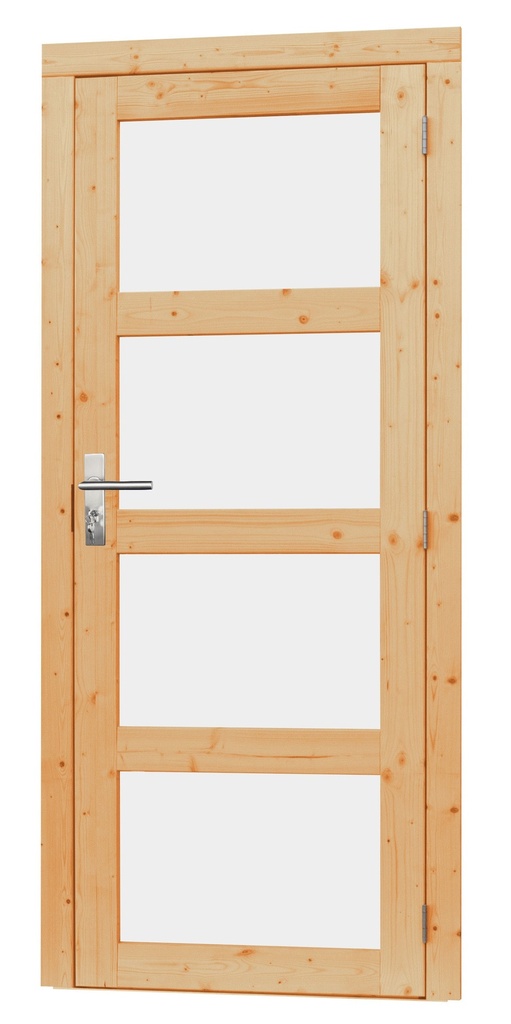 Vuren enkele 4-ruits deur inclusief kozijn, rechtsdraaiend, 90 x 201 cm, onbehandeld.