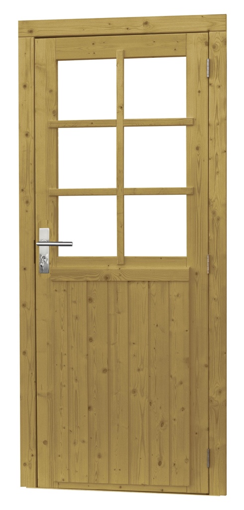 Vuren enkele 6-ruits deur inclusief kozijn, rechtsdraaiend, 90 x 201 cm, groen geïmpregneerd.