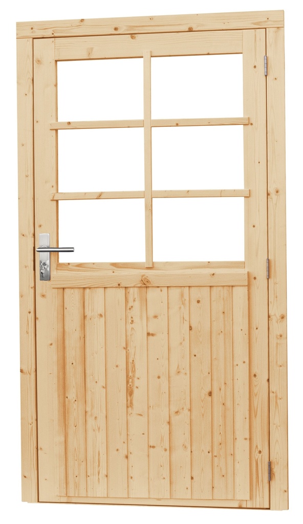 Vuren enkele 6-ruits deur extra breed inclusief kozijn, rechtsdraaiend, 112 x 201 cm, onbehandeld.