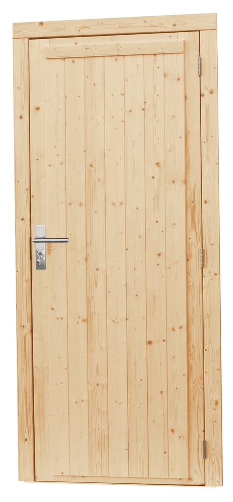 Vuren enkele dichte deur inclusief kozijn, rechtsdraaiend, 90 x 201 cm, onbehandeld.