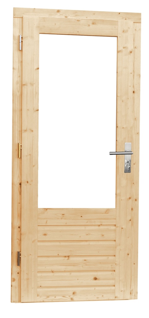 Vuren enkele 1-ruits opdekdeur met 5-puntssluiting en dubbelglas, linksdraaiend, 90 x 201 cm, onbehandeld.