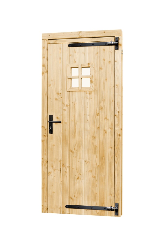 Vuren enkele 1-ruits deur inclusief kozijn, rechtsdraaiend, 90 x 201 cm, onbehandeld.