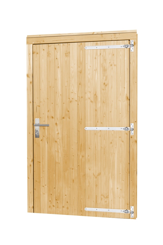 Vuren enkele deur inclusief kozijn extra breed en hoog, rechtsdraaiend, 119 x 209 cm, onbehandeld.