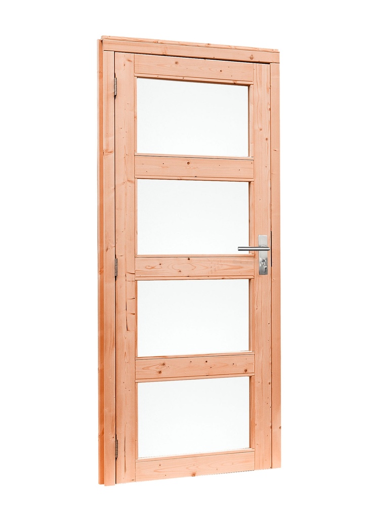 Douglas enkele 4-ruits deur inclusief kozijn, linksdraaiend, 90 x 201 cm, onbehandeld.