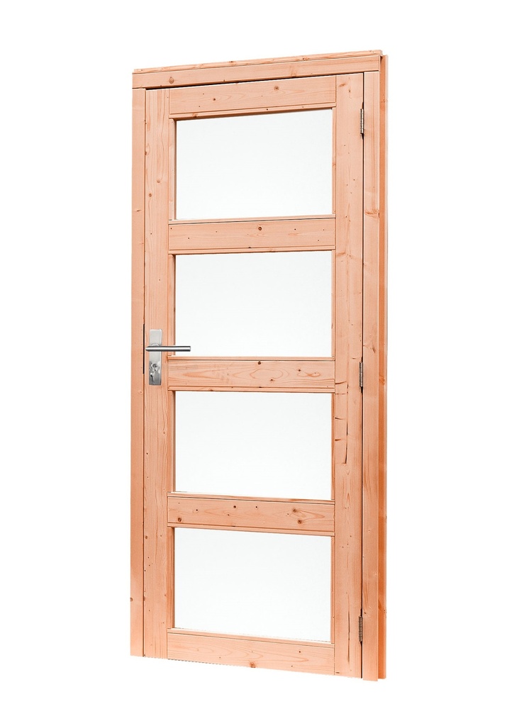 Douglas enkele 4-ruits deur inclusief kozijn, rechtsdraaiend, 90 x 201 cm, kleurloos geïmpregneerd.