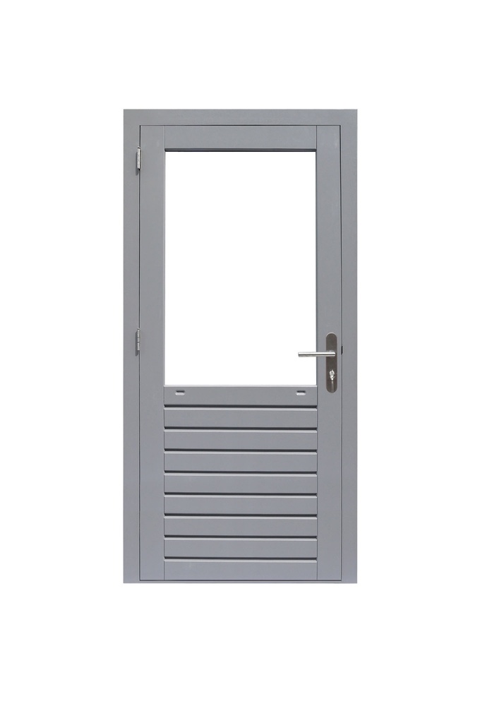 Hardhouten enkele 1-ruits deur Prestige met dubbelglas, linksdraaiend, 109 x 221 cm, grijs gegrond.
