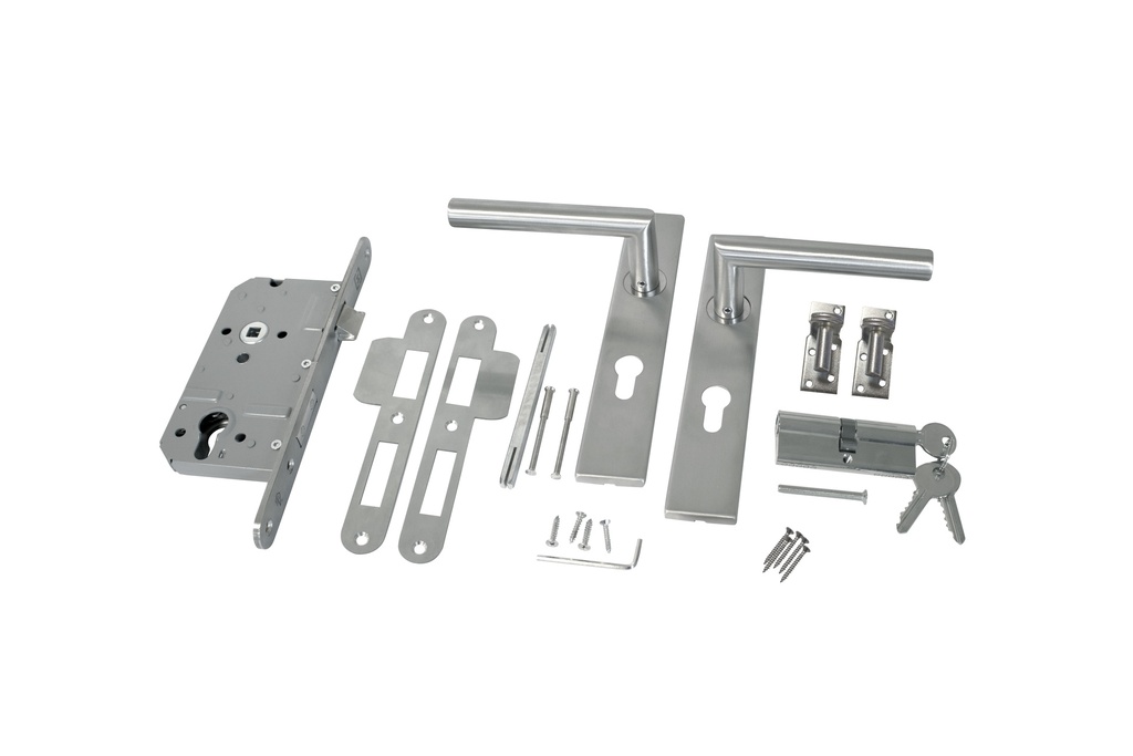 RVS luxe deurbeslagset. SKG keurmerk met slotkast, cilinder, slot en duimen.