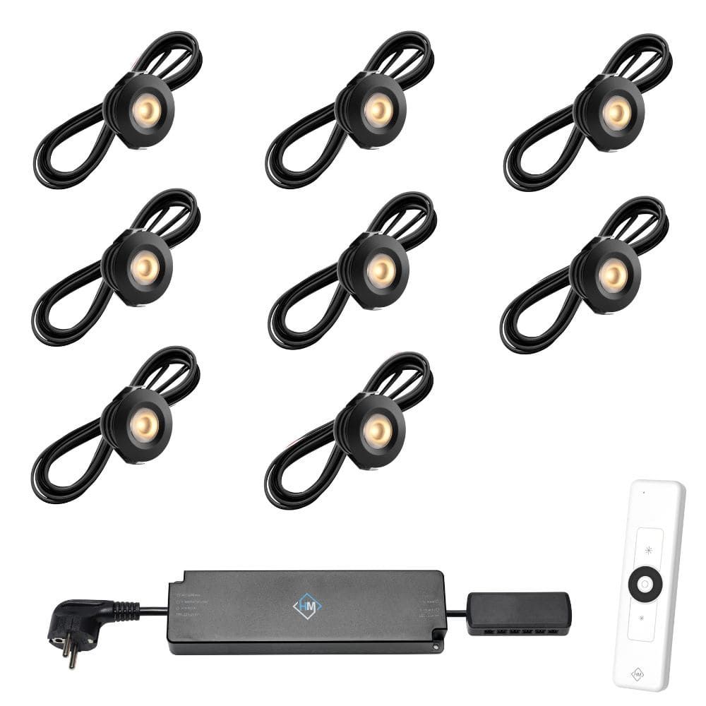Set spots zwart, 8 stuks. Inclusief trafo, afstandsbediening en kabel van 5 meter.