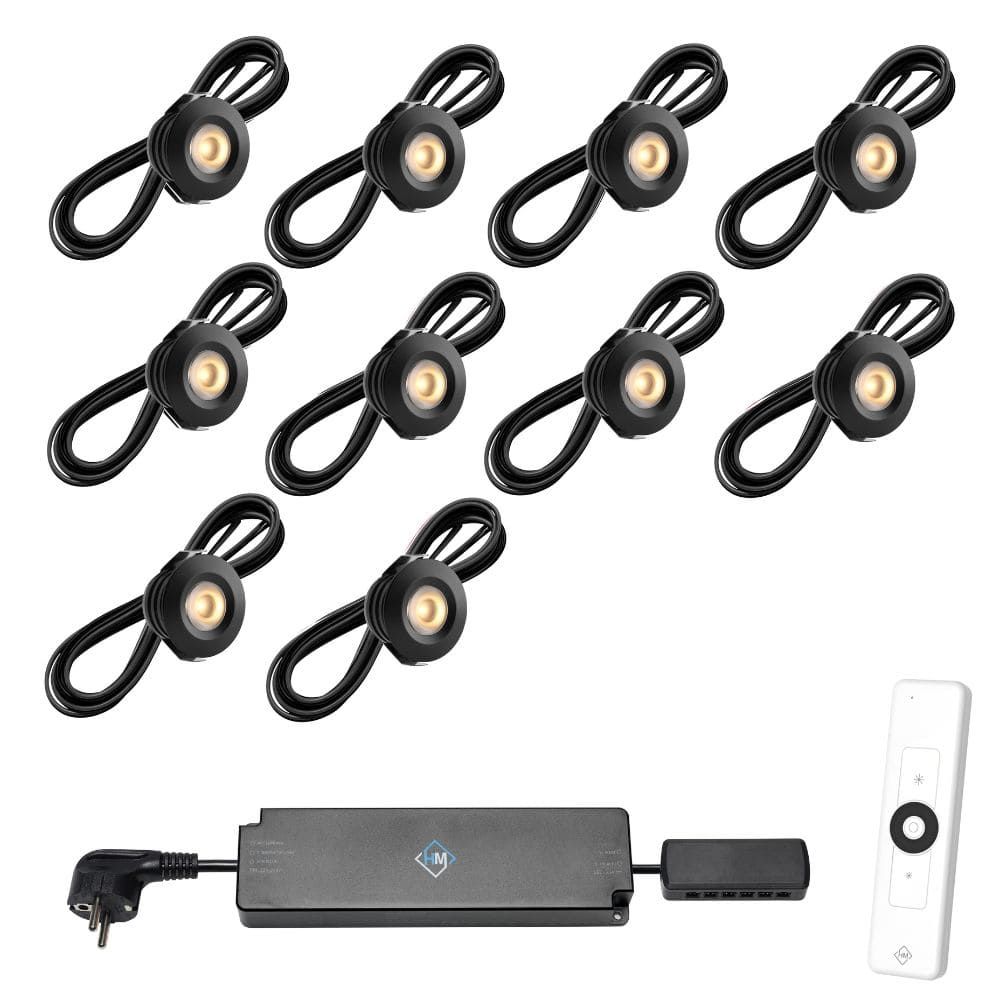 Set spots zwart, 10 stuks. Inclusief trafo, afstandsbediening en kabel van 5 meter.
