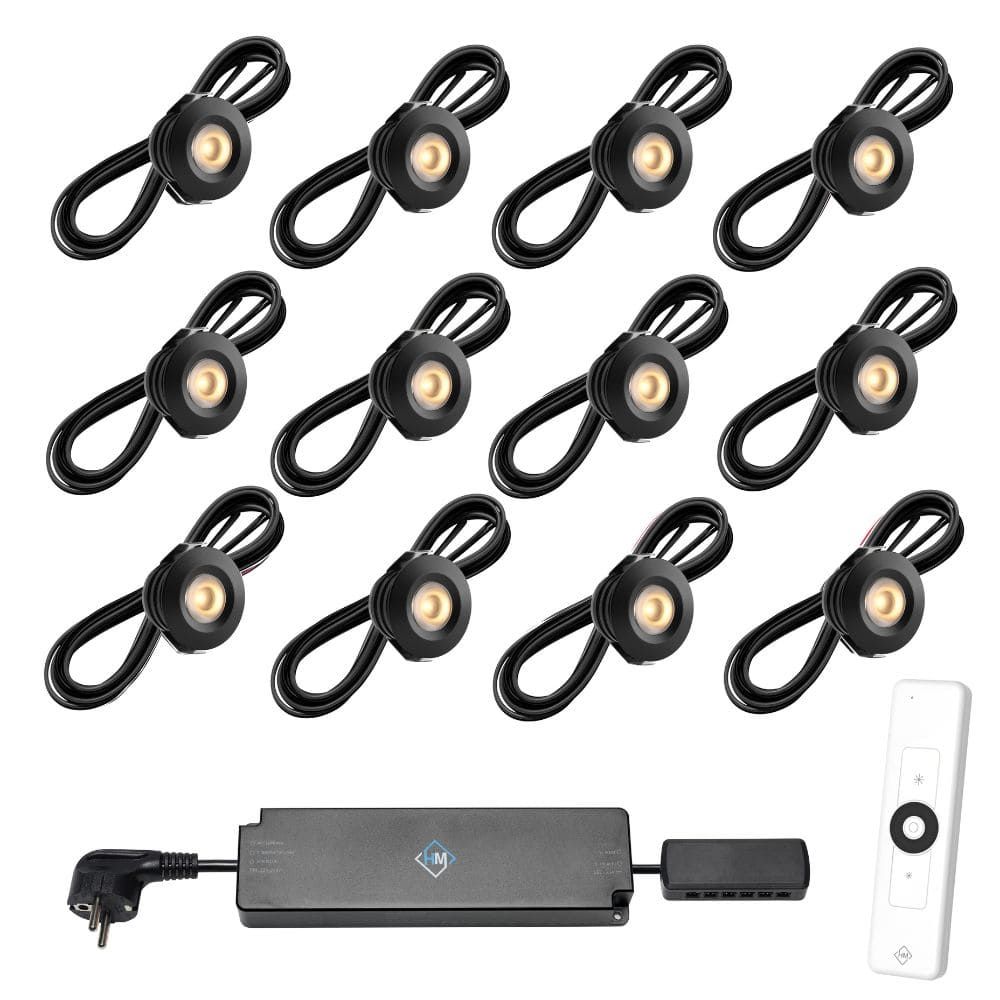 Set spots zwart, 12 stuks. Inclusief trafo, afstandsbediening en kabel van 5 meter.