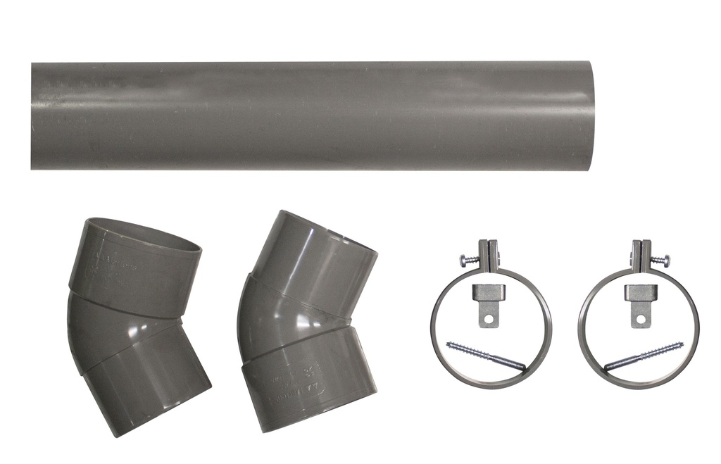 Hemelwaterafvoer PVC Ø 8 cm, 275 cm lang. Incl. 2 klemmen, 2 bochten en bevestigingsmaterialen.