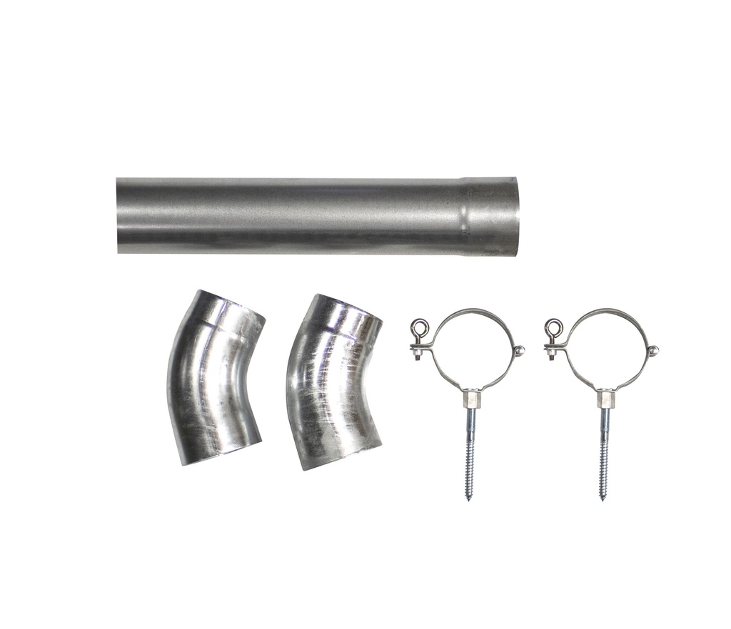 Hemelwaterafvoer verzinkt Ø 8 cm, 275 cm lang. Incl. 2 klemmen, 2 bochten en bevestigingsmaterialen.