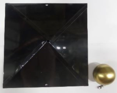 Vierkant met messing bol (�80mm) en schroef, 350x350mm, Diagonaal kap: 495mm, Lengte zijde: 350mm, Hoogte: 115mm, Dikte: 1mm,