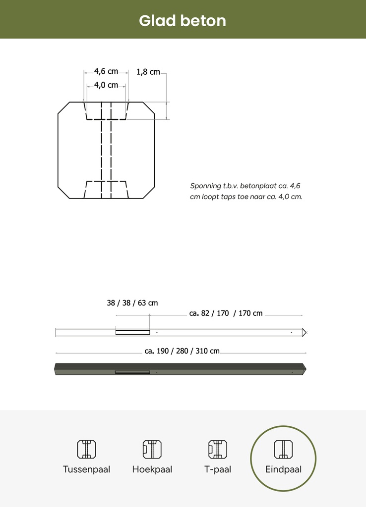 Betonpaal glad met diamantkop 10 x 10 x 280 cm, antraciet ongecoat, eindpaal.