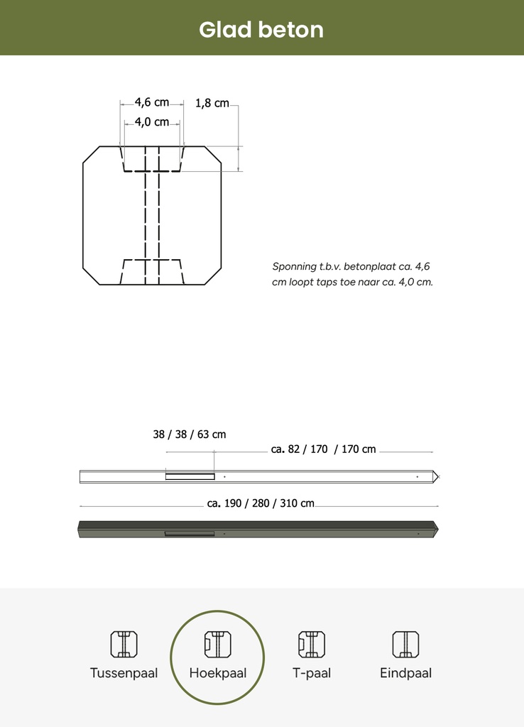 Betonpaal glad met diamantkop 10 x 10 x 310 cm, grijs ongecoat, hoekpaal t.b.v. 2 betonplaten.