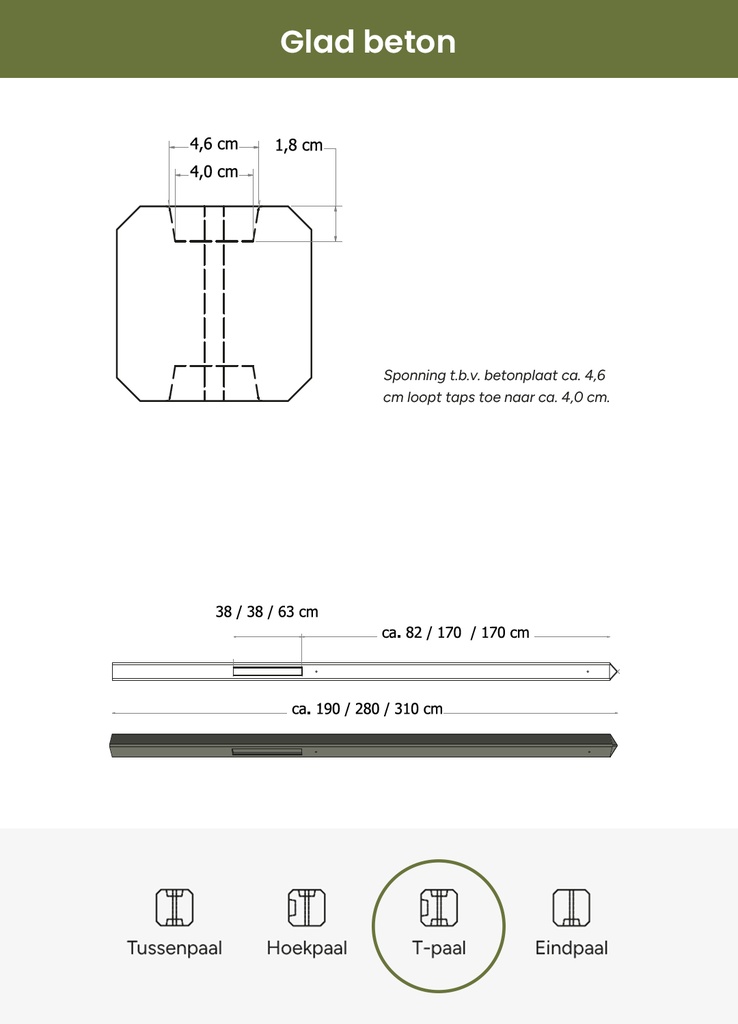 Betonpaal glad met diamantkop 10 x 10 x 280 cm, antraciet gecoat, T-paal.