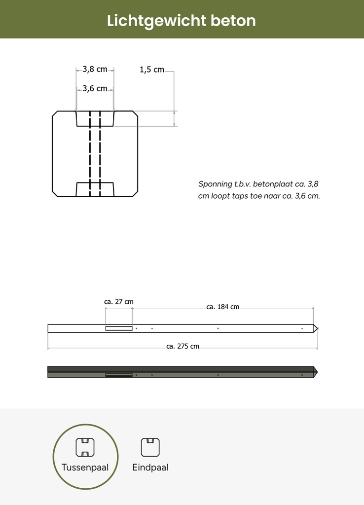 Lichtgewicht betonpaal met diamantkop ongecoat 8,5x8,5x275 cm, tussenpaal, antraciet.