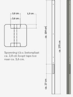 Lichtgewicht betonpaal met diamantkop ongecoat 8,5x8,5x275 cm, tussenpaal, grijs.